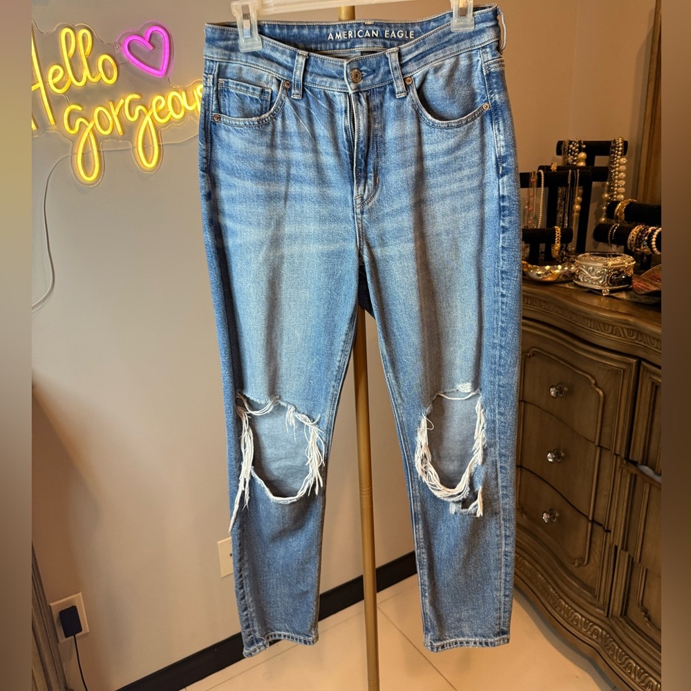 American Eagle Outfitters Blue Boyfriend Jeans with Distressed Details